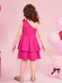 SHEIN Girls' Knit Solid Color One Shoulder Bodycon Romantic Dress, Sibling Outfits Matching Outfits (each Piece Sold Separately)