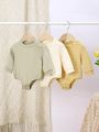 SHEIN Baby Girl Cute & Casual & Elegant Green & Apricot & Yellow Solid Knitted Romper & Hat & Socks 3pcs/Set, Home Wear