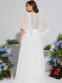 Plus Contrast Lace Cloak Sleeve Plunging Neck Wedding Dress