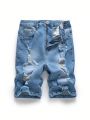 New Arrival Tween Boy's Casual Stylish Mid Blue Ripped Washed Denim Shorts
