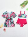Baby Girl Tropical Print Ruffle Trim Bikini Swimsuit With Kimono