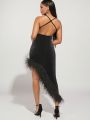 MONACO Asymmetrical Velvet Sequin Midi Dress (Decorative Edging Is Artificial Fur)