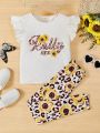 SHEIN Kids EVRYDAY Tween Girls' Knit Flower Pattern Round Neck Flying Sleeve Top And Knit Floral Jumpsuit Set