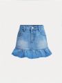 SHEIN Young Girls'  Spring Summer Boho Cute Ruffle Skirt,High Waist Elastic Waistband Comfortable And Soft Denim Skirt With Ruffled Hem