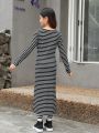 SHEIN Kids KDOMO Teenage Girls' Striped Square Neckline Mid-length Bodycon Dress For School