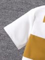 SHEIN Kids FANZEY Tween Boys' Color Blocking Short Sleeve Letter Panel Shirt And Shorts Set