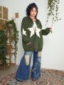 ROMWE PUNK Plus Size Star Pattern Hooded Drawstring Zippered Sweatshirt