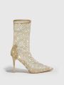 Cuccoo Rhinestone Decor Mesh Panel Point Toe Stiletto Heeled Sandal Boots