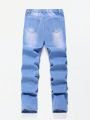 SHEIN Teen Boys' Straight Leg Ripped Frayed Washed Blue Denim Jeans With Slogan And Face Printed , For Spring And Summer Teen Boy Outfits