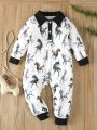 Baby Boys' Polo Neck Print Colorblocking Jumpsuit With Horse Pattern