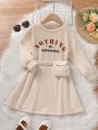 Young Girl Letter Graphic Belted Sweatshirt Dress