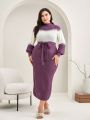 SHEIN Mulvari Plus Two Tone Belted Sweater Dress