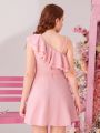 SHEIN Teen Girls' Woven Solid Color Double Layer Ruffle Trim Casual Dress