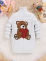 SHEIN Toddler Girls' Bear & Heart Patterned Long Sleeve High Neck Sweater Dress