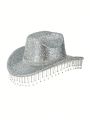 1pc Western Style Cowboy Hat With Shiny Silver Surface & Rhinestone & Tassel Decoration, Perfect For Both Men And Women's Parties, Stage Performances And Gatherings