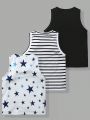 SHEIN Kids QTFun 3pcs/Set Young Boys' Casual Sport College Street Star, Stripe, Tool Car Print T-Shirt And Dark Blue Vest