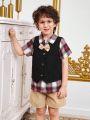 SHEIN Kids Academe 3pcs/Set Toddler Boys' Fashionable Casual Plaid Shirt, Vest And Shorts Outfit