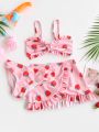 3pack Baby Girl Strawberry Print Ruffle Trim Bikini Swimsuit