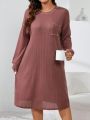Plus Waffle Knit Drop Shoulder Pocket Patched Nightdress