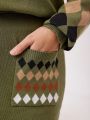 SHEIN Mulvari Plus Size Women's Diamond Check Round Neck Sweater And Knitted Skirt Set