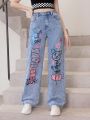Teen Girls' Casual & Fashionable Graffiti Printed Washed Denim Straight Leg Jeans
