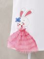 SHEIN Kids QTFun Young Girl's Flying Sleeve Rabbit Print Straight Dress With Back Water-Drop Opening For Party In Summer