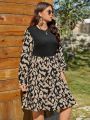 SHEIN VCAY Women's Round Neck Patchwork Black Floral Print Plus Size Dress
