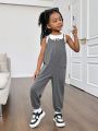 SHEIN Kids Cooltwn Young Girl Daily Casual Spring Summer Knitted Solid Color Spaghetti Strap Jumpsuit