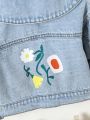 Baby Girl Floral Print  Scallop Trim Statement Collar Denim Jacket