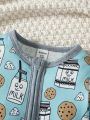 Baby Boys' Full Printed Long Sleeve Jumpsuit With Diagonal Zipper, Food And Beverage Theme