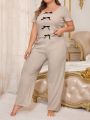 Plus Size Bow Knot Decorated Ribbed Striped Round Neck Top And Pants Pajama Set