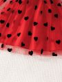 SHEIN Kids QTFun Girls' Plush Heart Printed Mesh Splicing Dress For Spring And Autumn