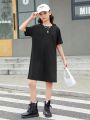 SHEIN Kids Cooltwn Tween Girls' Casual Knit Round Neck Short Sleeve Dress For Everyday Wear