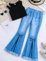 SHEIN Kids HYPEME Tween Girls' Solid Color Hollow Out Top And Denim Printed Bell Bottoms Two Piece Set