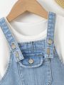 Baby Heart Print Flap Pocket Denim Overall Dress Without Tee
