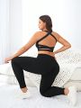 Plus Size Seamless Sports Set With Back Beauty Design Bra And Shorts