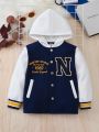 SHEIN Kids Academe Young Boy Letter Graphic Striped Trim Colorblock Hooded Coat