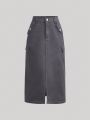 SHEIN Y2k New Street Cool Fashionable Workwear Pockets Front & Middle Slit Gray Teenage Girls' Denim Straight Skirt
