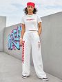 SHEIN Street Sport Women's Letter Printed Short Sleeve T-shirt And Long Pants Sports Suit