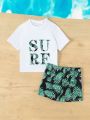 Baby Boys' 2pcs/Set Summer Letter Print Round Neck T-Shirt And Plant Print Shorts