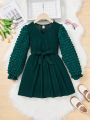 SHEIN Kids FANZEY Girls' Elegant Style Crossed V-neck Knitted Dress With Plaid Flare Sleeve, Belt Included