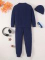 3pcs Boys' Casual Set Including Long Sleeve Round Neck Top, Sweatpants, And Cap, Made Of Elastic And Warm Fleece Material, Suitable For Fall And Winter Wear