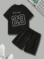 Manfinity Men's Plus Size Letter Printed Short Sleeve T-Shirt And Shorts 2pcs/Set