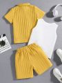 SHEIN Kids EVRYDAY 3pcs/Set Young Boys' Casual Sporty College Style Solid Color Short Sleeve Shirt With Collar, Shorts And Vest For Holiday Outfits