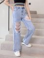 Teen Girls' New Casual And Fashionable Distrressed Straight Leg Jeans, Blue