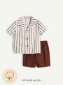 Cozy Cub Baby Boys' Striped Collar Turn-Down Collar Cardigan And Solid Color Casual Shorts 2pcs/Set
