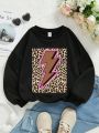 Tween Girls' Casual Lightning Leopard Print Long Sleeve Round Neck Sweatshirt, Suitable For Autumn And Winter