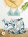 Teen Girls' Tropical Plant Print Swimsuit Set