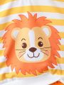 Baby Boy'S Little Lion Print Sweatshirt And Lion Embroidered Trousers Suit, Spring And Autumn, Comfortable, Cute, Sporty, Simple And Outdoor