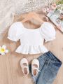 SHEIN Baby Girl's Summer Sweet White Bubble Short Sleeve Top With Ruffle Hem